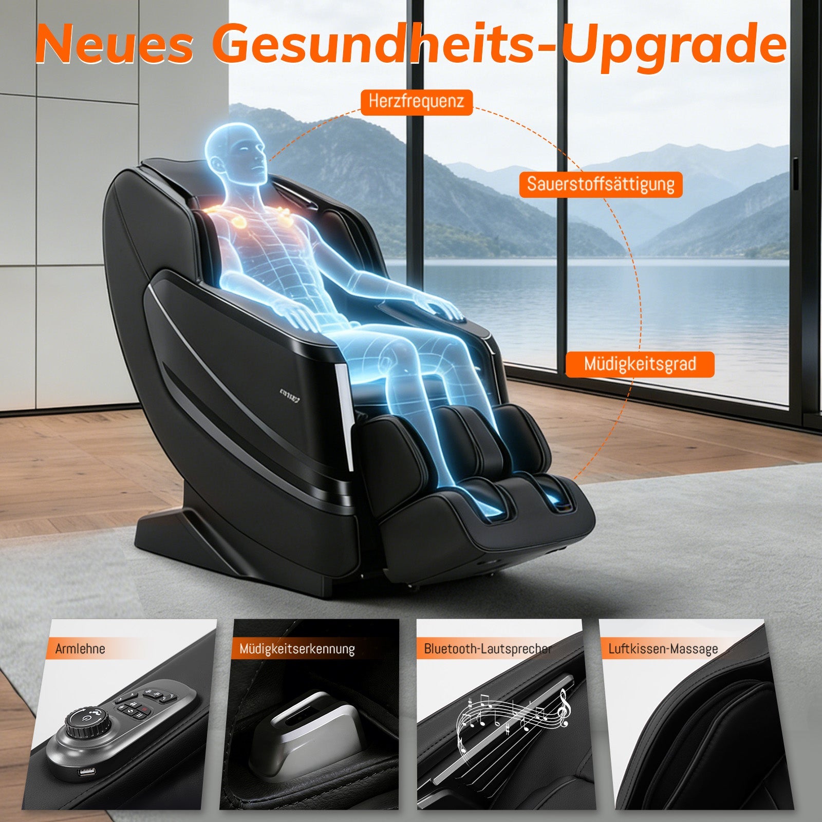 A351 Schwarz mit Zero Gravity, Sprachsteuerung und Heizfunktion Massagesessel