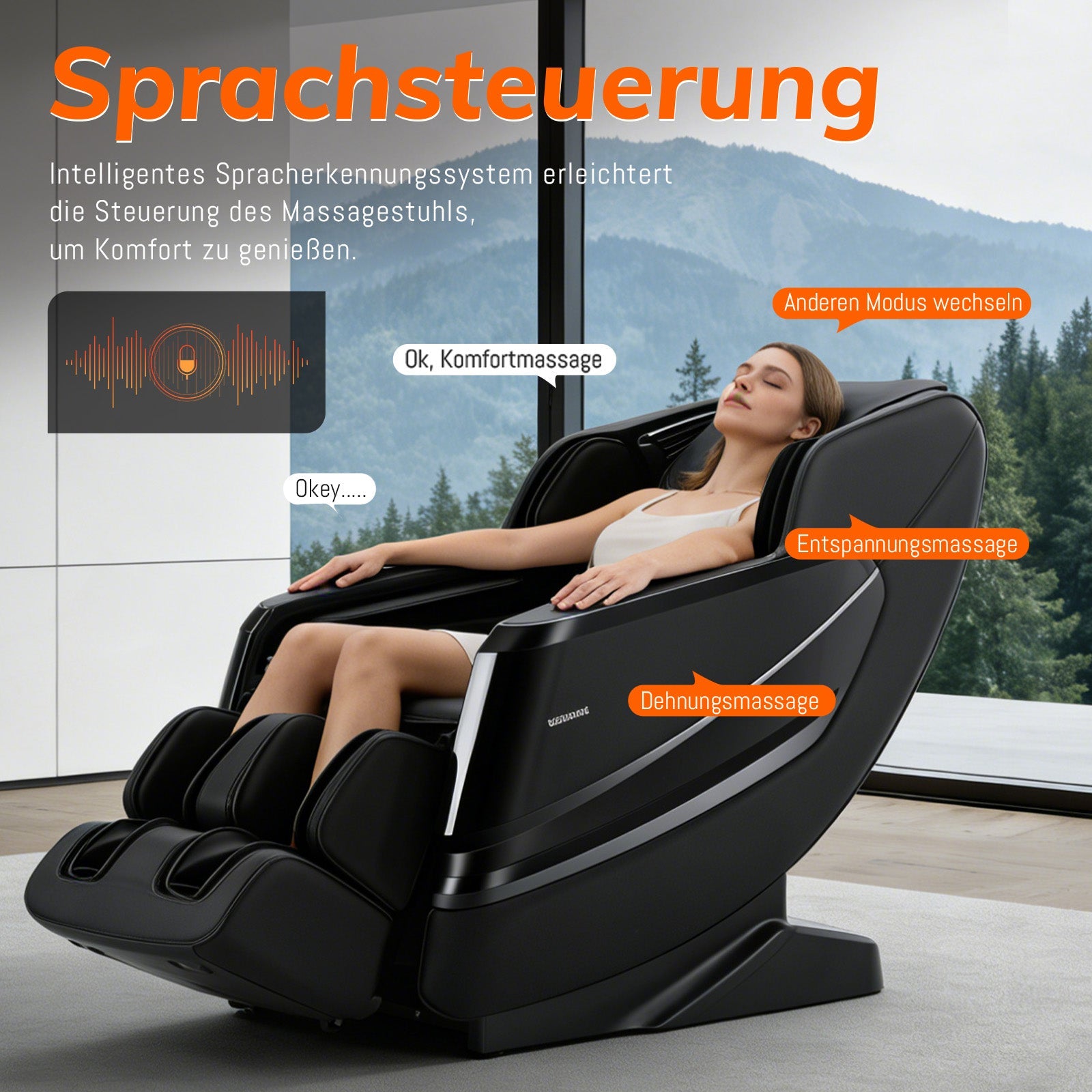 A351 Schwarz mit Zero Gravity, Sprachsteuerung und Heizfunktion Massagesessel