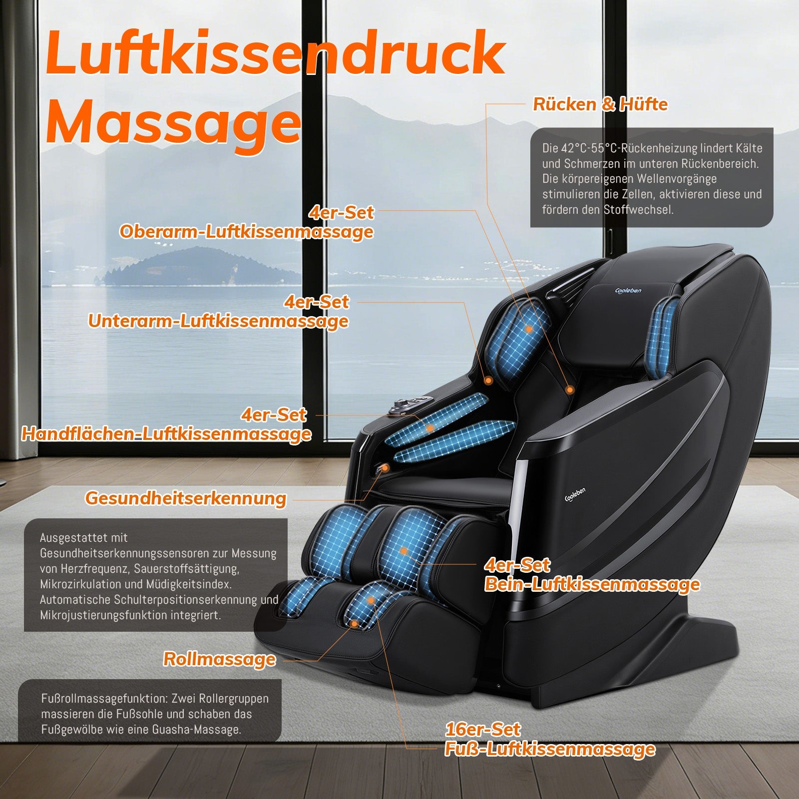A351 Schwarz mit Zero Gravity, Sprachsteuerung und Heizfunktion Massagesessel