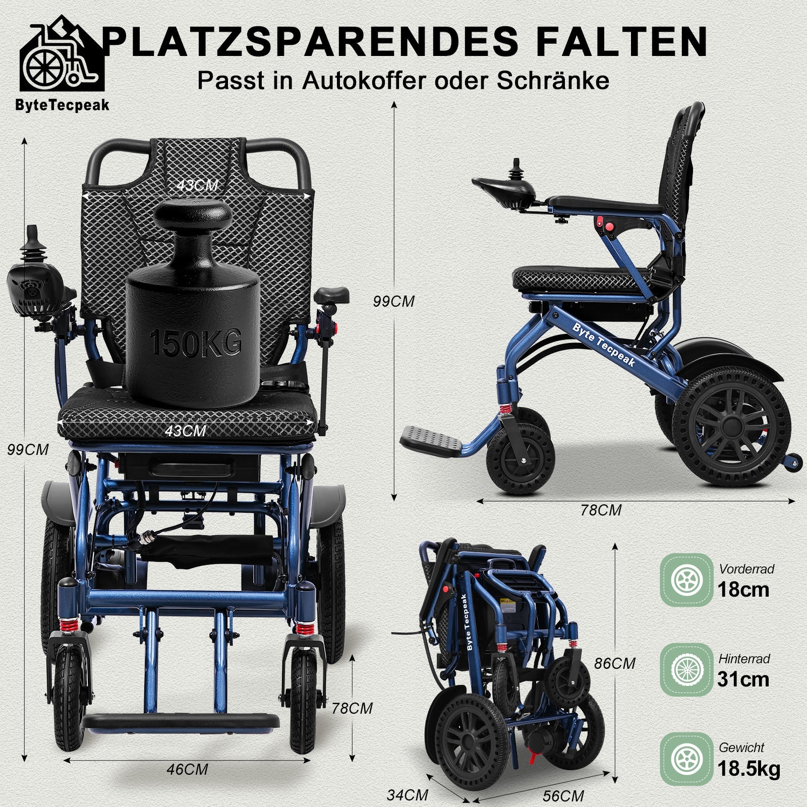 ByteTecpeak D14 Elektrorollstuhl – 18,5 kg, 500W, 12-Ah-Akku,20 km ,150 kg