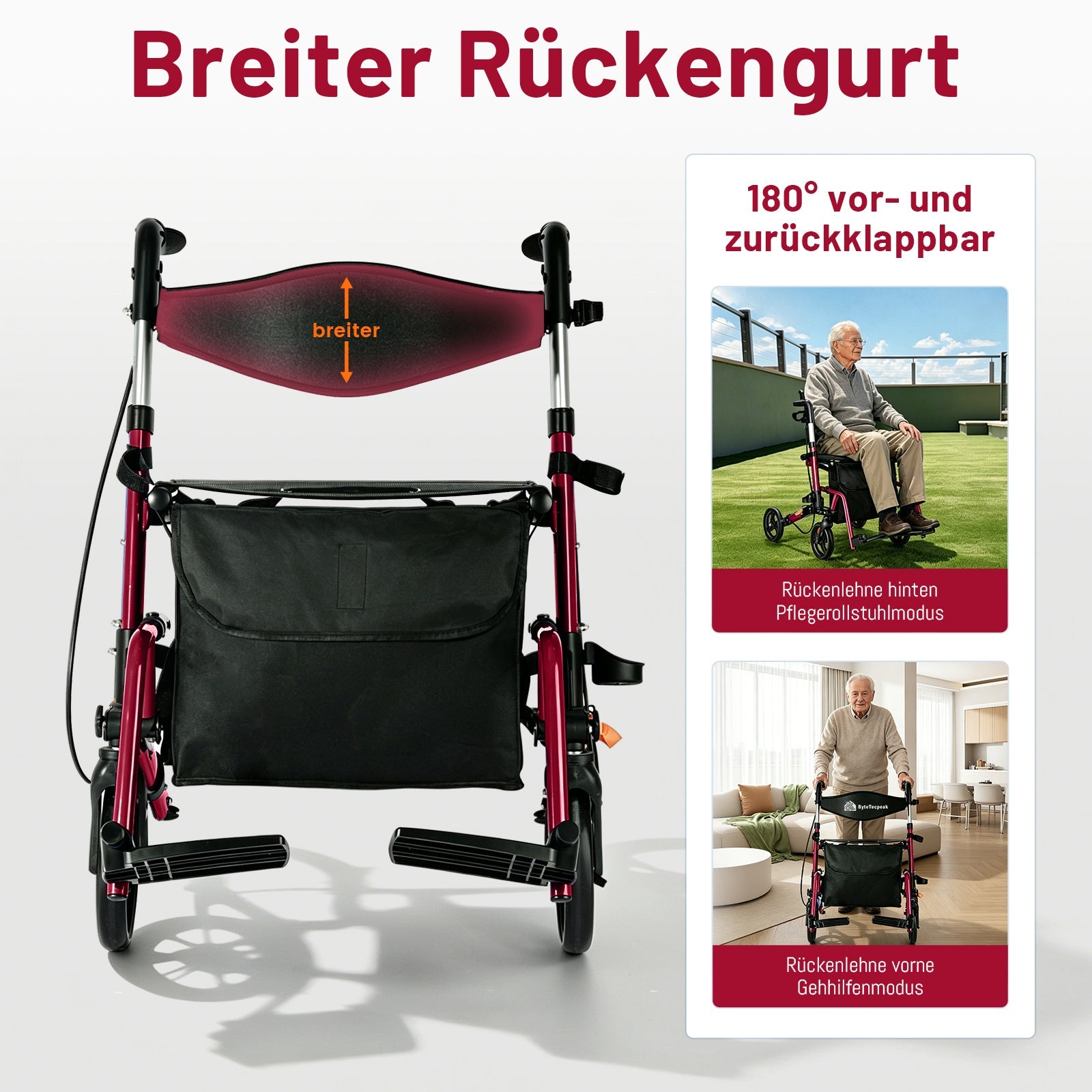ByteTecpeak R3 Rollator faltbar, leicht mit 360° Drehrädern, Sitz & Einkaufstasche