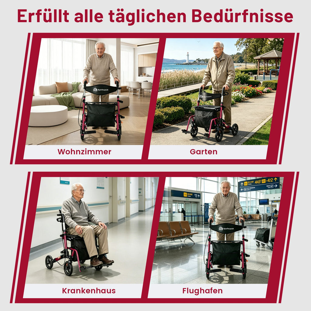 ByteTecpeak R3 Rollator faltbar, leicht mit 360° Drehrädern, Sitz & Einkaufstasche