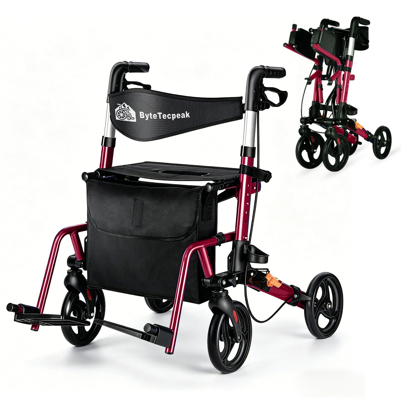 ByteTecpeak R3 Rollator faltbar, leicht mit 360° Drehrädern, Sitz & Einkaufstasche