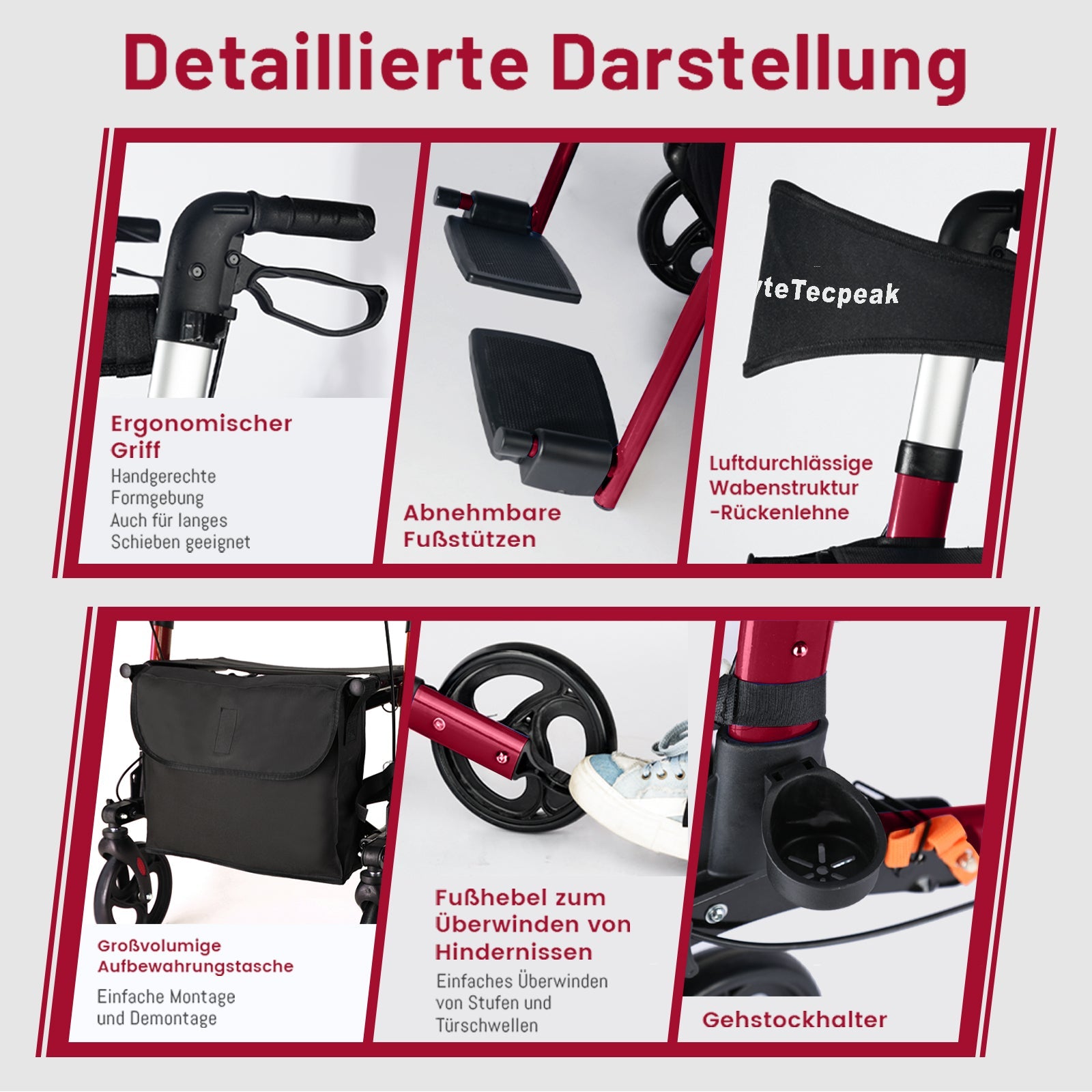 ByteTecpeak R3 Rollator faltbar, leicht mit 360° Drehrädern, Sitz & Einkaufstasche