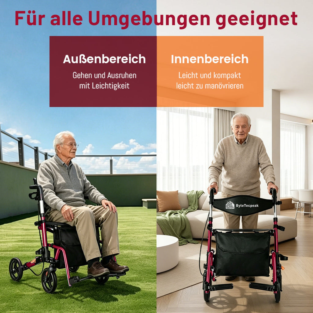 ByteTecpeak R3 Rollator faltbar, leicht mit 360° Drehrädern, Sitz & Einkaufstasche