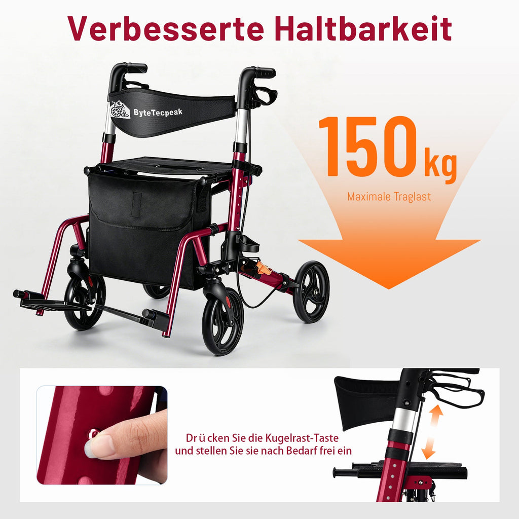 ByteTecpeak R3 Rollator faltbar, leicht mit 360° Drehrädern, Sitz & Einkaufstasche