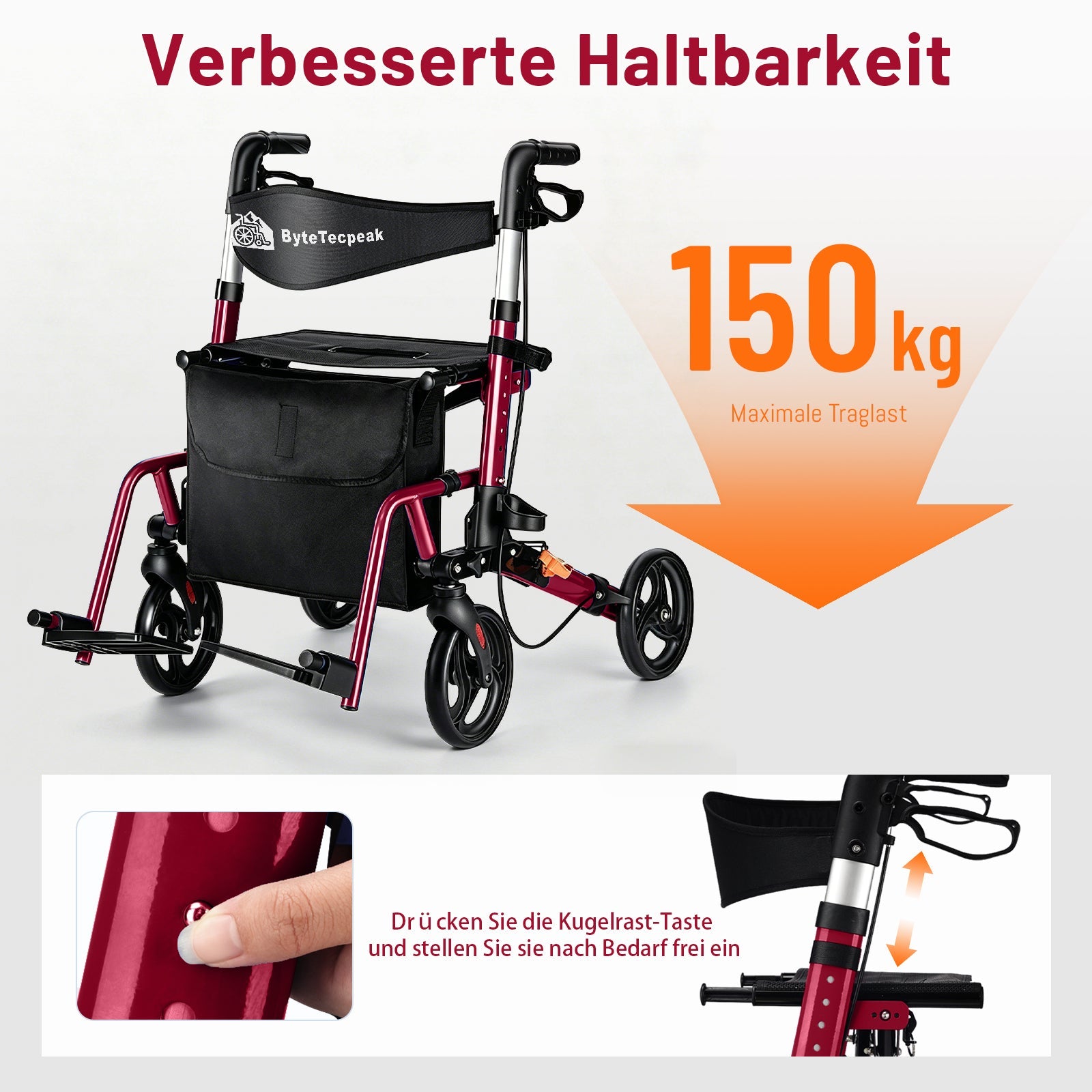 ByteTecpeak R3 Rollator faltbar, leicht mit 360° Drehrädern, Sitz & Einkaufstasche