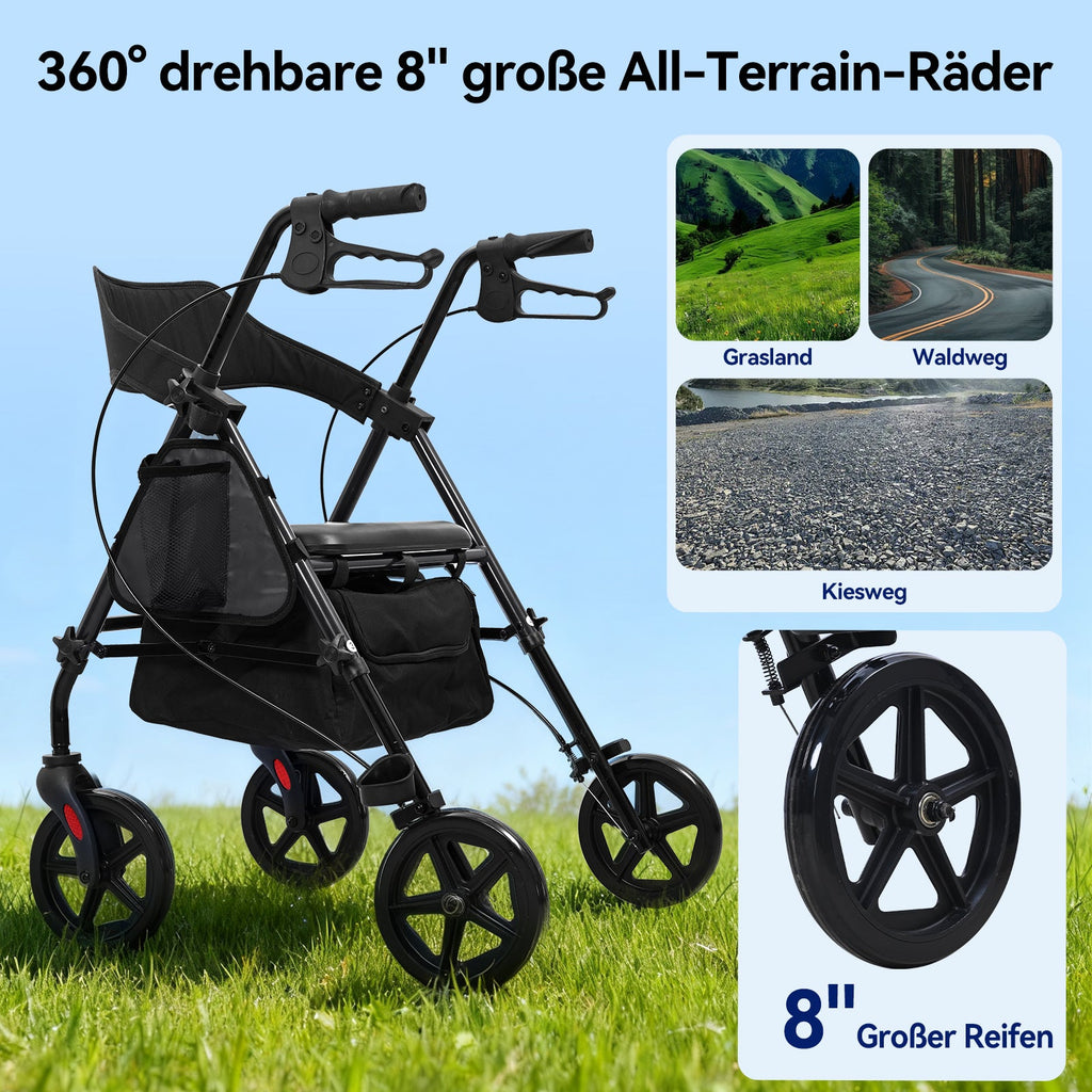 ByteTecpeak R4 Faltbarer Rollator mit Sitz, Schwarzer Rahmen, Kompakt & Verstellbar