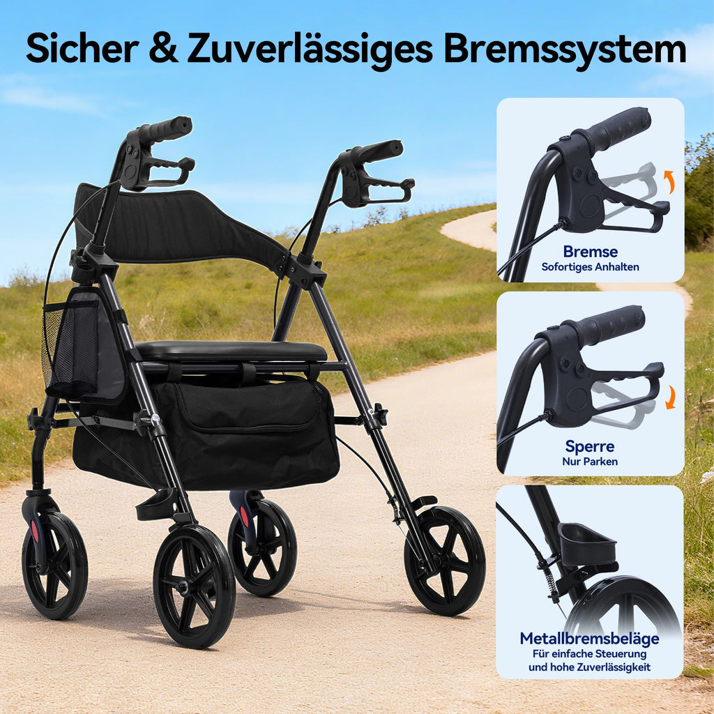 ByteTecpeak R4 Faltbarer Rollator mit Sitz, Schwarzer Rahmen, Kompakt & Verstellbar