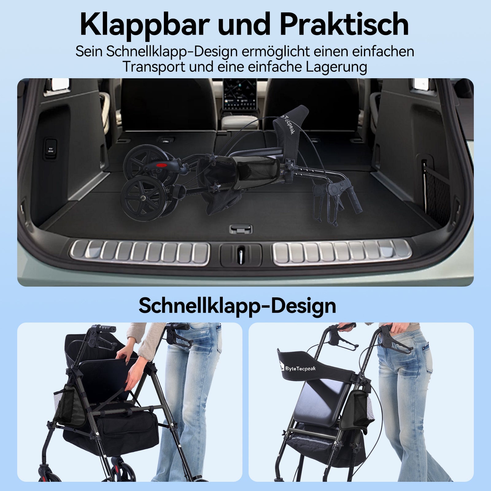 ByteTecpeak R4 Faltbarer Rollator mit Sitz, Schwarzer Rahmen, Kompakt & Verstellbar