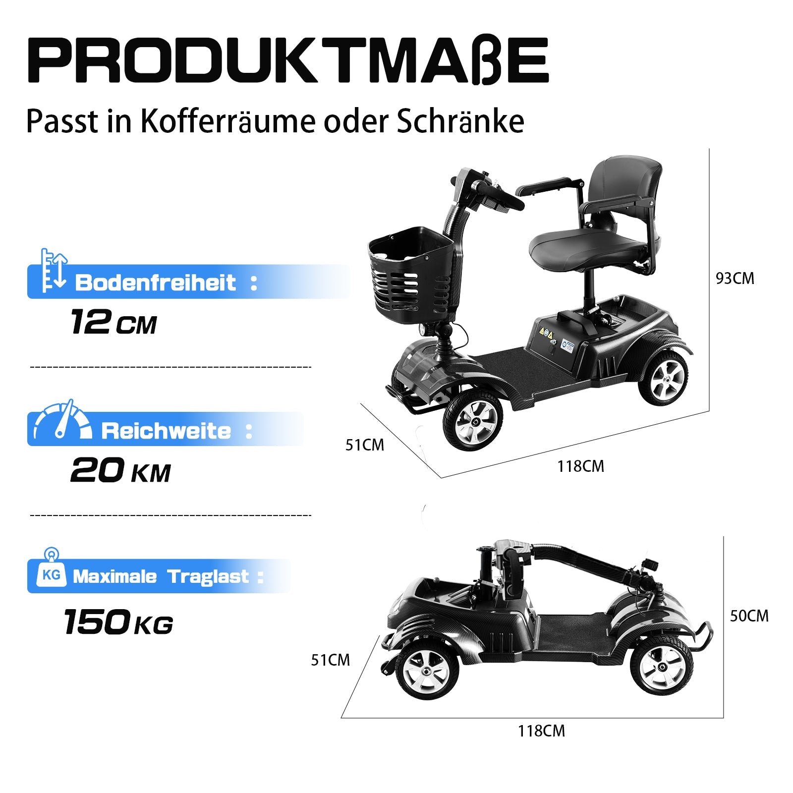 ByteTecpeak Z02 Elektromobil für Senioren, faltbar, 12 Ah Akku, 20km Reichweite