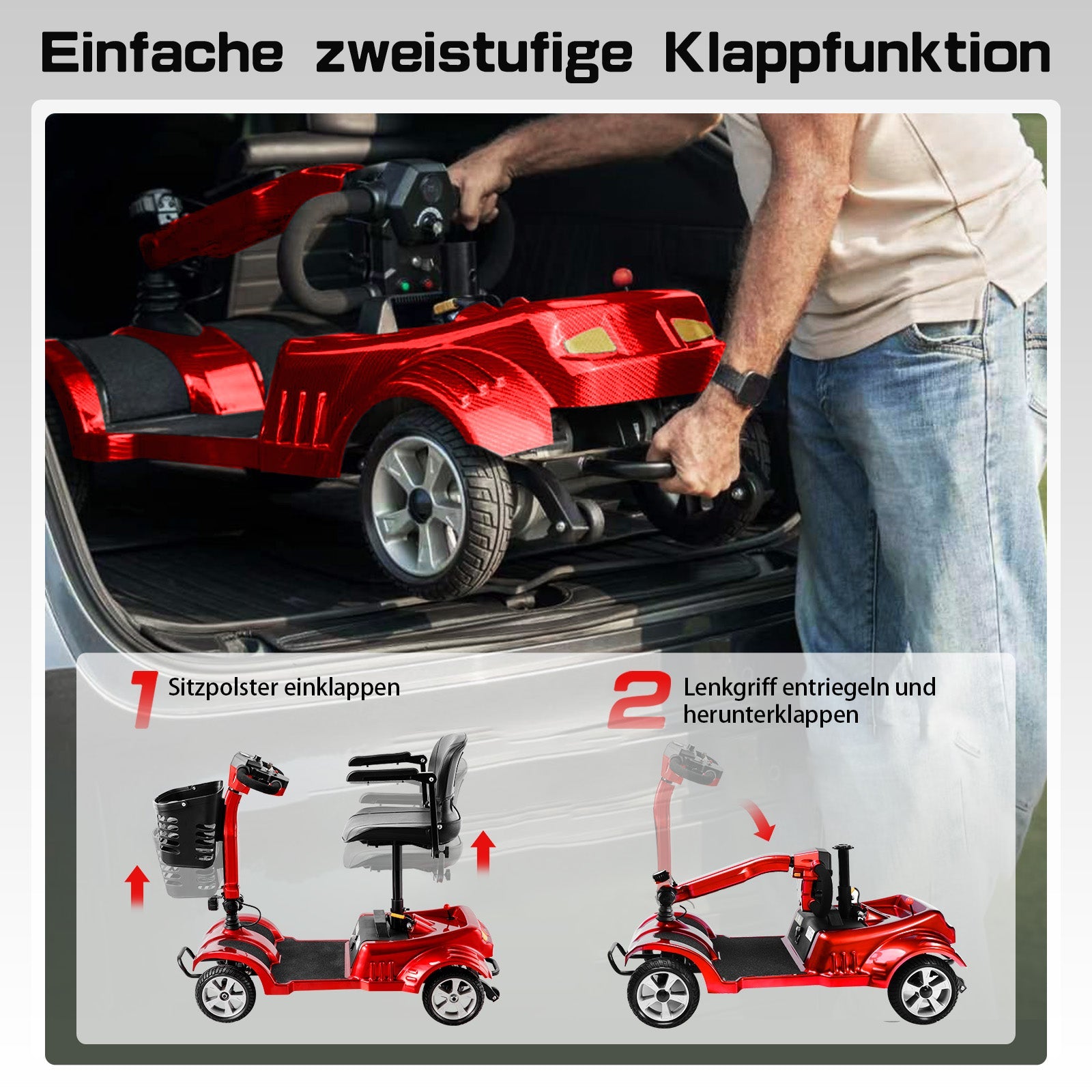 ByteTecpeak Z02 Elektromobil in Rot mit 20 km Reichweite, 350W Motor, faltbar
