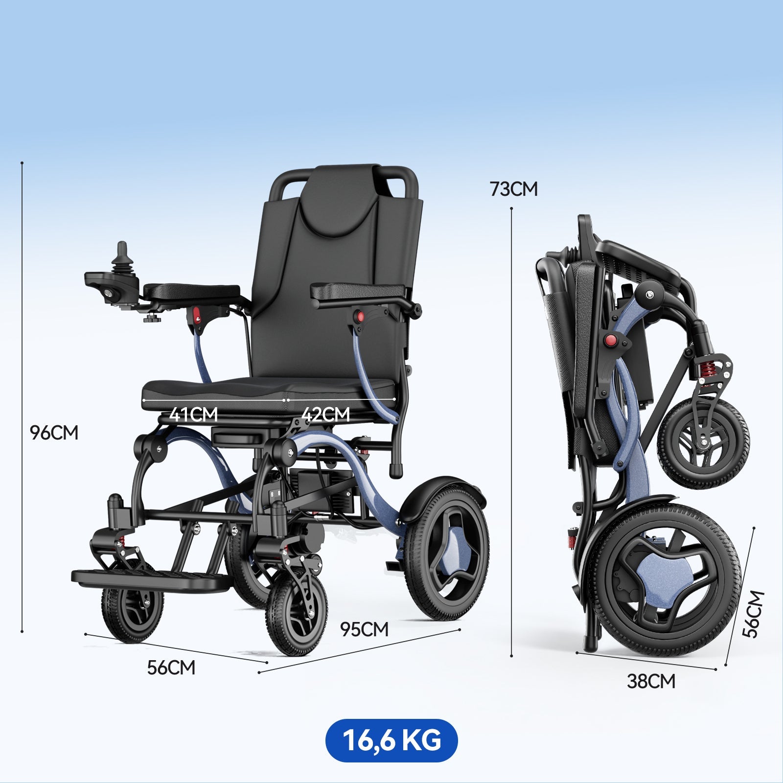 ByteTecpeak XP03 Zusammenklappbarer Elektrorollstuhl – 20 km Reichweite, 16,63 kg, Blau